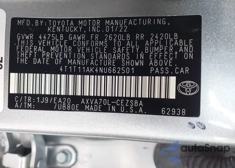 2022 Toyota Camry Se из США, поврежденный, VIN 4T1T11AK4NU662501